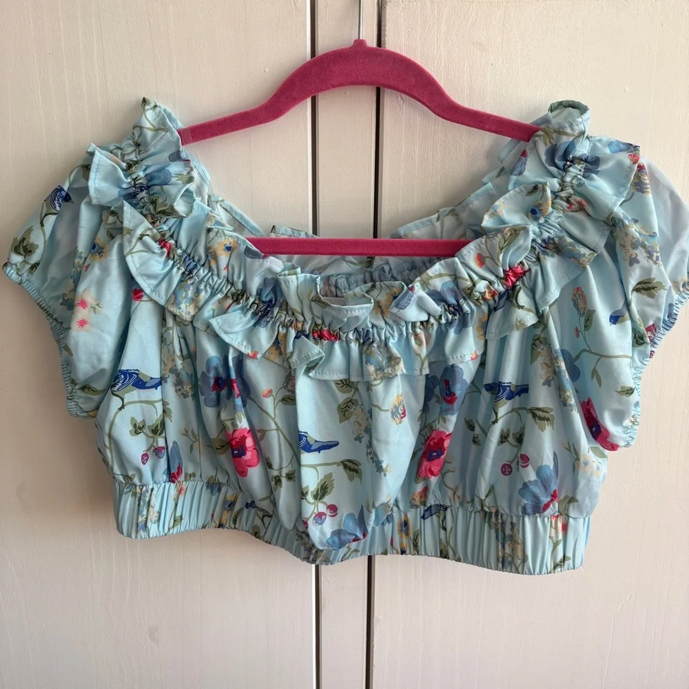 Unique Vintage sz 14 Blue Floral Bird cropped off-shoulder top blouse ruffle - Picture 5 of 6